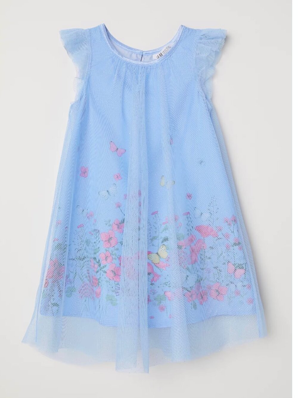 H&M Girls Blue Butterfly Glitter Tulle Flutter Sleeve Dress
